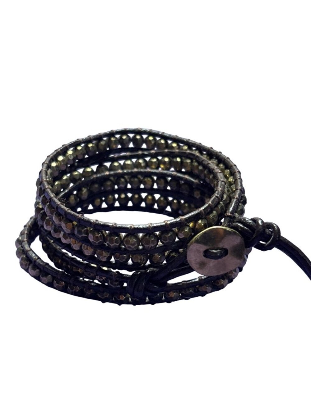 Brown Cord Faceted Goldtone Beaded Wrap Bracelet Button Clasp 29 - 30 inches